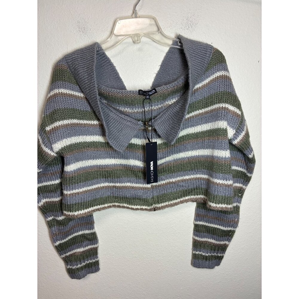 NWT Fashion Nova Sweater Crop Cardigan Striped Knit Size Large